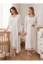 New Season Ecru Stylish Lace Detailed Design with Easy Breastfeeding Feature Long Sleeve 100% Cotton Maternity Nightgown Set - 3