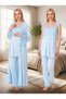 New Season Blue Long Dressing Gown with Lace Detail, Special Design Straps, 100% Cotton, Breastfeeding Feature, Maternity Dressing Gown Pajama Set - 7