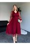 Premium V-Neck Tulle Sleeves Pleated Midi Evening Dress