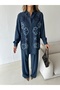 Women's Denim Fabric Embroidered Front Oversize Shirt and Pants Set
