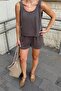 Brown Thick Straps Draped Crop-Waist Elastic Pocket Shorts Women's Model Top and Bottom Set - 5