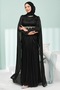 Black Stone Embroidered Corseted Pleated Evening Dress - 3