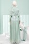 Mint Green Evening Dress with Gathered Collar and Stones on the Front - 5