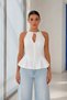 Women's White Halter Neck Tie Detailed Sleeveless Peplum Blouse - 2