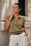 Women's Light Khaki Polo Collar Bat Sleeve 100% Cotton Knitwear Blouse