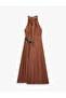 Belt Detailed Sleeveless A-Line Long Halter Neck Linen Dress