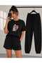 T-Shirt, Sweatpants, Shorts 3-Piece Combination, Thin Summer, Sweat-Absorbing, Cute Cat Printed, Women'S/Girls' Model