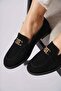 Ropes Medium Buckle Genuine Leather Ballerina Women's Shoes Black Suede - 4