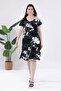 Women's Black White Floral Pattern Large Size Stretchy Midi Dress - 3