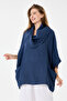 Navy Blue Italian 100% Linen Degaje Collar Poncho Linen Blouse Size 42 - 50 - 2