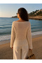 Women's Ecru Openwork Mesh Knit Boat Neck Summer Knitwear Pareo Blouse - 5