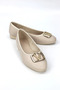 Zarelle V-Strap Buckle Detail Beige Leather Round Toe Women's Ballet Flats HB006 - 4