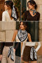 Women's Black Postcard Patterned Cotton 70X70 Imported Scarf Flr6033
