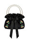 Black Cotton Satin Bag, with Crystal Glass Stone Decorations, Double Row Pearl Handle, Black Satin, Foldable, for Daily Use / Evening Wear