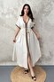 Women's Beige Maxi V-Neck Belted Short Sleeve Flared Woven Dress