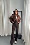 Women's Brown Crop Hooded Zippered Plain Textured Long Sleeve Jacket - 3