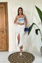 Women's Beige Slit Midi Skirt with Drawstring Detail, High Waist, Straight Pencil Cut - 2
