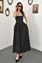 Women's Black Polka Dot Lace Thin Strap Square Neck Pocket Flared Maxi Dress