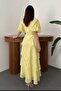 Women's Yellow Maxi Dress Square Neck Balloon Sleeve Belted Layered Floral Pattern Lined - 5