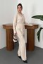 Women's Beige Shirt-Pants Set Twill Shirt Pants Set Lace-Up Waist Buttoned Long Sleeve Wide - 2
