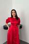 Women's Red Midi Satin Dress Round Neck Buttoned Balloon Sleeve Flared - 3