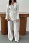 Women's Ecru Top and Bottom Set Belted Jacket Trousers Set Shiny Textured Jacket with Collar Wide Leg Pants - 3
