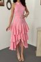 Women's Pink Halter Neck Floral Embroidered Belted Layered Flounce Midi Dress - 4