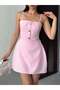 Women's Pink - Pink Thin Straps Square Neck Gold Button A-Line Mini Satin Dress