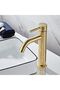 Modern brushed brass bathroom faucet, single handle, single hole, countertop mounting.