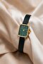 Lunessa Aura Women's Green Dial Gold Case Black Leather Band Rectangular Minimal Vintage Wristwatch - 2