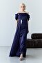 Navy Blue Boat Neck Stone Embroidered Drapeli Long Evening Dress - 4