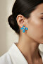 Yellow Framed Light Blue Flower Design Pearl Detailed Bijoux Earrings - 2