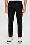 Men's Black Elastic Waist Lace-Up Slim Fit Fabric Trousers