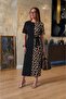 Women's Short Sleeve Crew Neck Long Viscose Dress with Leopard Detail on One Side