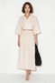 Women's Double-Breasted Tie-Down Blouse with Gipe Detail and Lined Cotton Cream Suit - 3