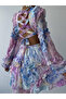 Women's Blue Mini Dress V-Neck Floral Patterned Ruffled Backless Poplin - 4