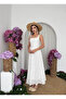 Women's White Midi Dress with Scallop Pattern, Square Collar and Belt Detail - 7