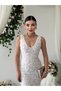 Women's White Midi Dress V-Neck Sleeveless 3D Rose Appliqué Fitted Dress - 6