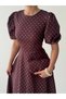 Women's Coffee Color Polka Dot Balloon Sleeve Crew Neck Fitted Waist Long Dress - 8