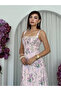 Women's Pink Floral Patterned Strappy Lace Detailed Bow Midi Dress - 5