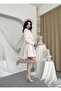 Women's Ecru Jacket-Skirt Set with Bow and Buttons, Pleated Mini Textured Two-Piece Set - 5