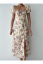 Women's Beige Midi Dress Square Collar Balloon Sleeves Floral Patterned Slit Poplin - 2