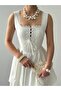 Women's Ecru Mini Dress Square Collar Lace Detailed Buttoned Sleeveless Poplin - 7