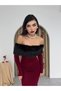 Women's Burgundy Midi Dress Strapless Collar Feather Detailed Long Sleeve Slim Fit - 3