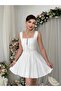Women's Ecru Mini Dress Square Collar Lace Detailed Buttoned Sleeveless Poplin - 3