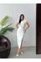 Women's White Midi Dress with Crew Neck, Shoulder Detail, Buttoned Slit, Fitted