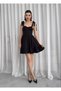 Women's Black Mini Dress with Heart Collar, Shoulder Tie, Flared Skirt and Ruffles - 5