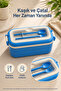 Blue 3-Compartment Children's Lunch Box with Spoon and Fork, Lockable Lid and Carrying Handle - 7