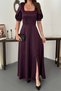 Women's Plum Satin Square Neck Balloon Sleeve Waist Detailed Slit Maxi Dress - 4