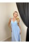Women's Blue Maxi Halter Neck V-Neck Lace Paneled Strappy Evening Dress - 3